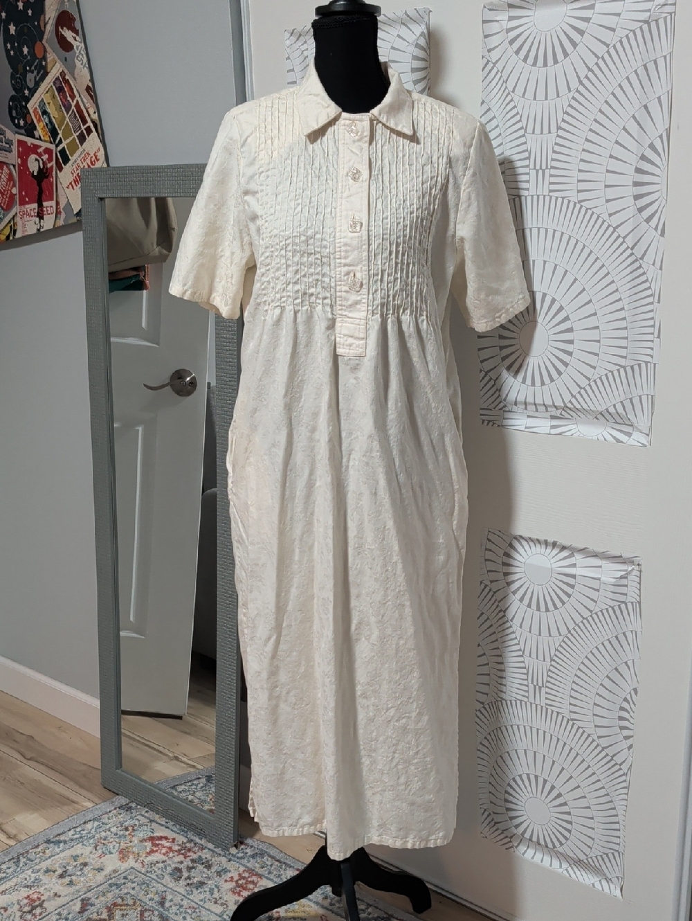 Vintage 80's Classic Cream Pintuck Cotton Dress With Pockets And Shoulder Pads - Picture 6 of 7